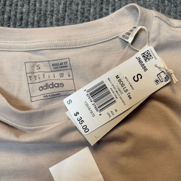 Adidas Men Small Essential Long Sleeve Cotton T-Shirt Wonder Beige Crew NEW - Picture 3 of 7